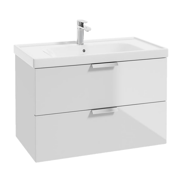 SONAS Stockholm 80cm wall hung two drawer vanity unit in Gloss White with brushed chrome handles