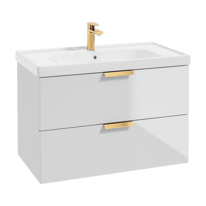 SONAS Stockholm 80cm wall hung two drawer vanity unit in Gloss White with brushed gold handles