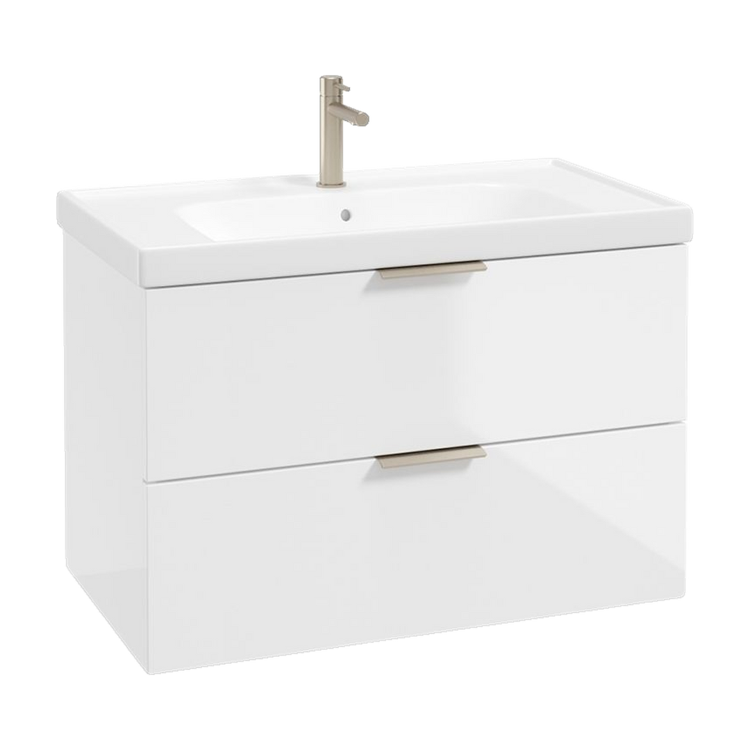 SONAS Stockholm 80cm wall hung two drawer vanity unit in Gloss White with brushed nickel handles