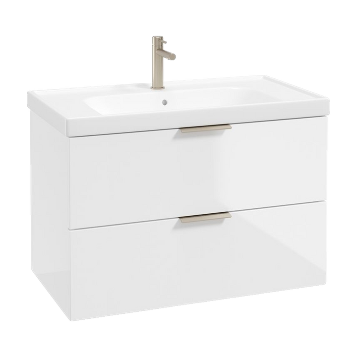 SONAS Stockholm 80cm wall hung two drawer vanity unit in Gloss White with brushed nickel handles