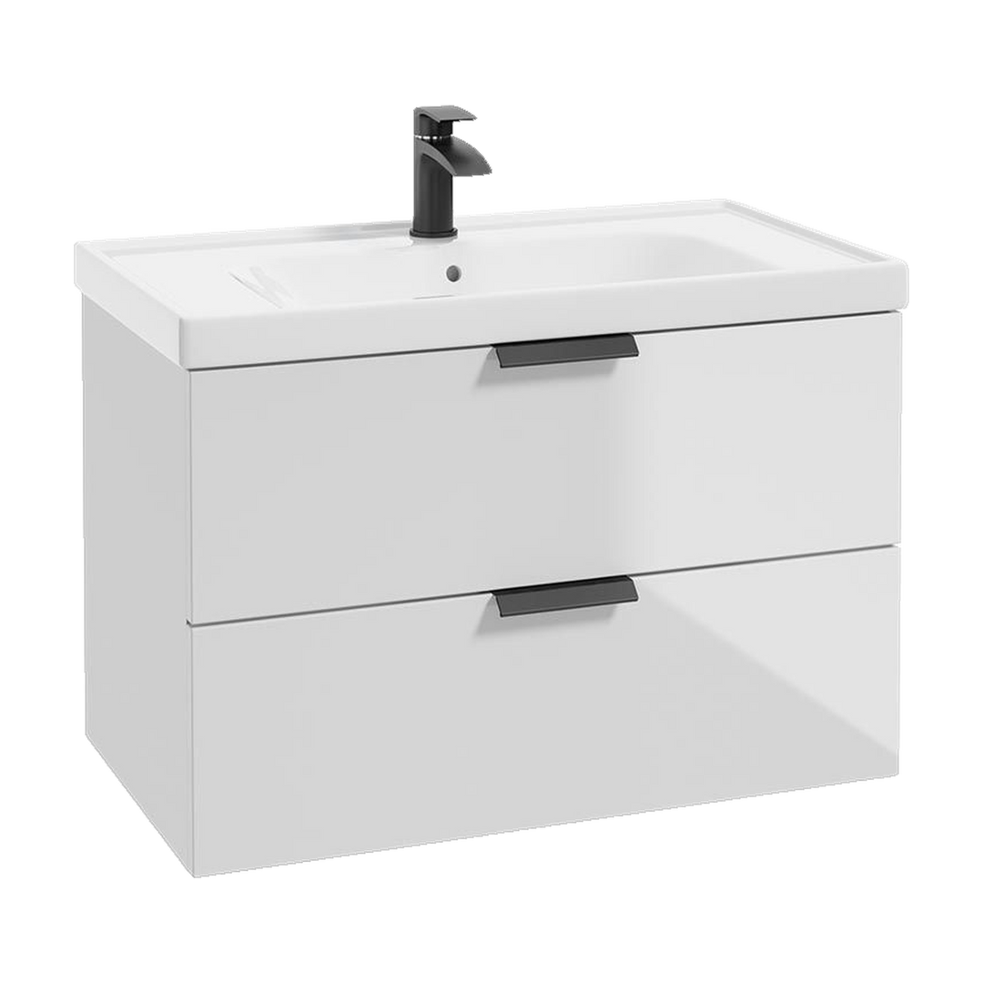 SONAS Stockholm 80cm wall hung two drawer vanity unit in Gloss White with matt black handles