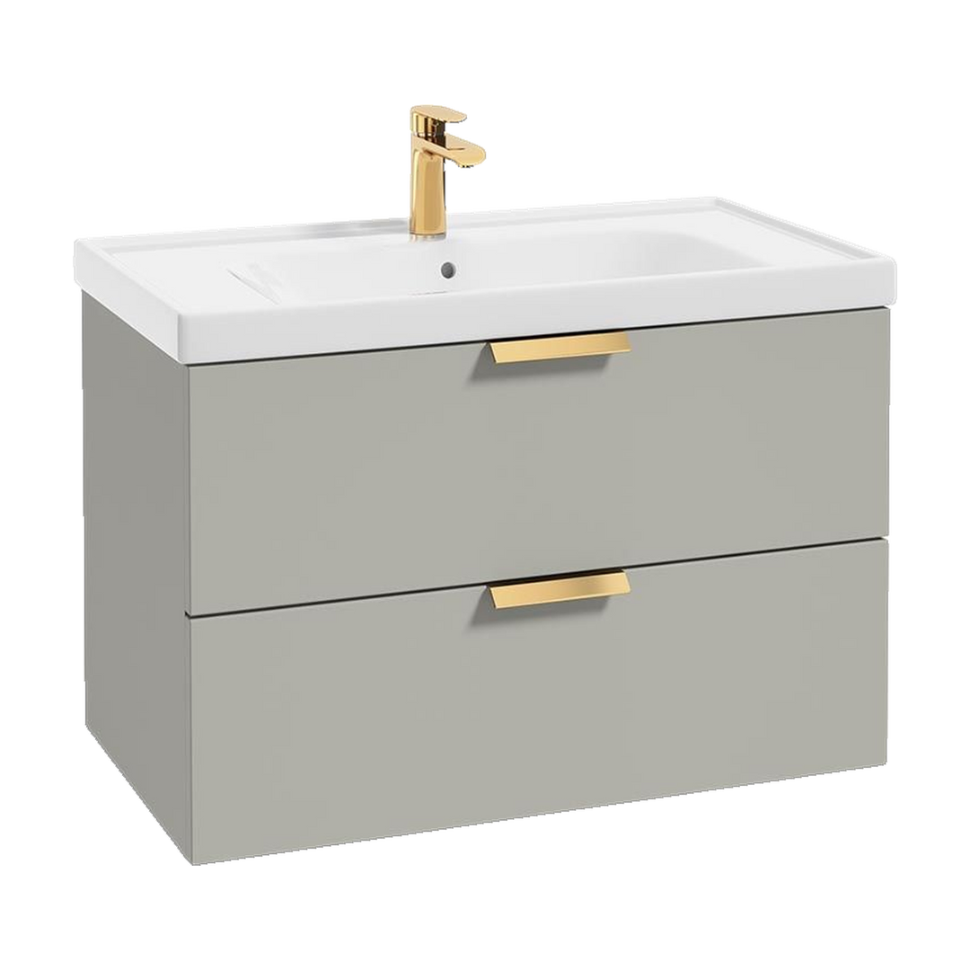 SONAS Stockholm 80cm wall hung two drawer vanity unit in Matt Arctic Grey with brushed gold handles