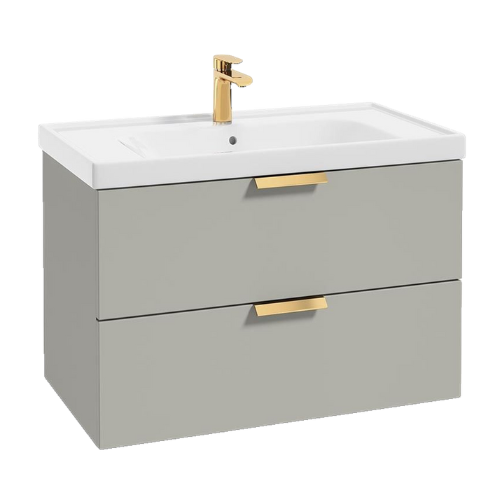 SONAS Stockholm 80cm wall hung two drawer vanity unit in Matt Arctic Grey with brushed gold handles