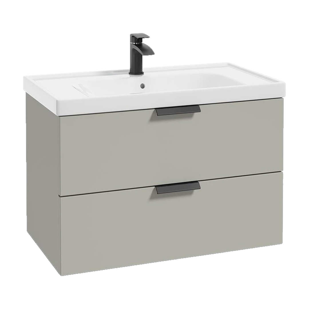SONAS Stockholm 80cm wall hung two drawer vanity unit in Matt Arctic Grey with matt black handles