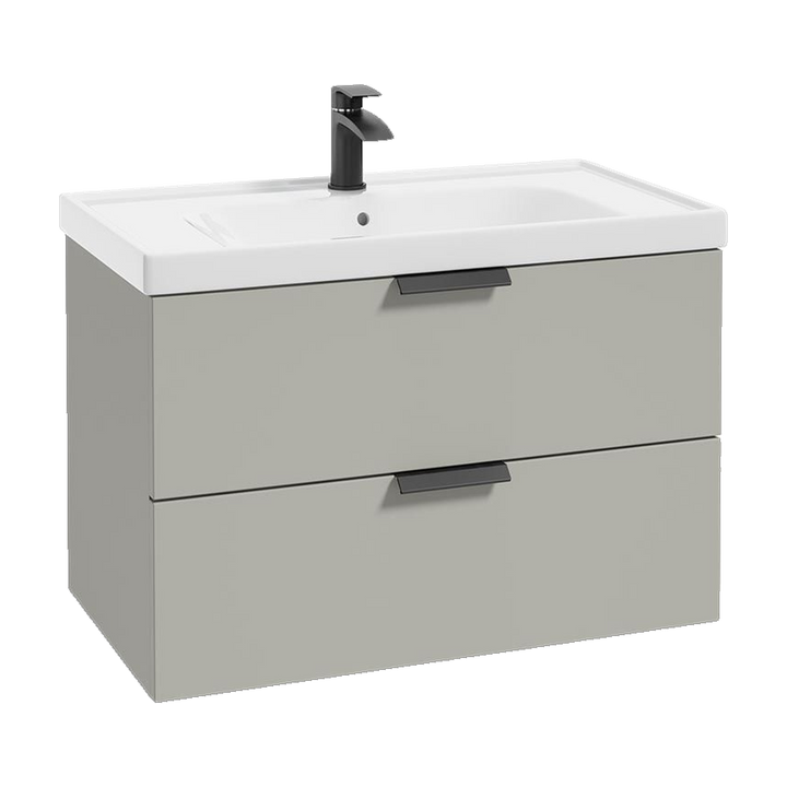 SONAS Stockholm 80cm wall hung two drawer vanity unit in Matt Arctic Grey with matt black handles