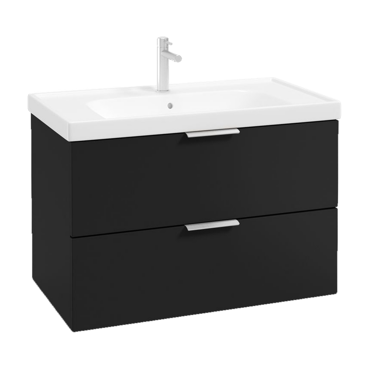 SONAS Stockholm 80cm wall hung two drawer vanity unit in Matt Black with brushed chrome handles