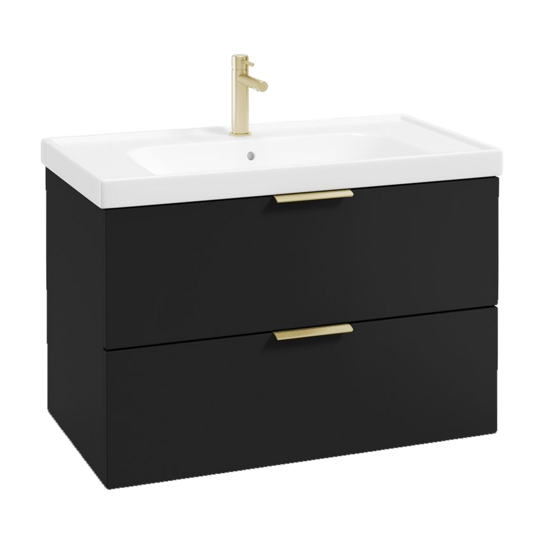 SONAS Stockholm 80cm wall hung two drawer vanity unit in Matt Black with brushed gold handles