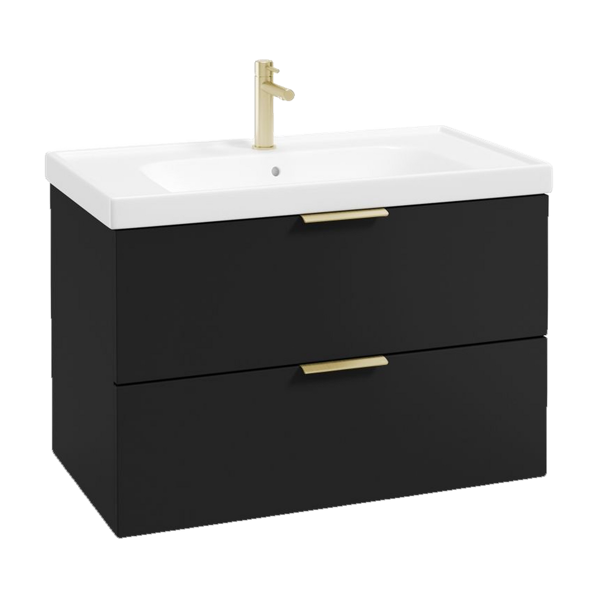 SONAS Stockholm 80cm wall hung two drawer vanity unit in Matt Black with brushed gold handles