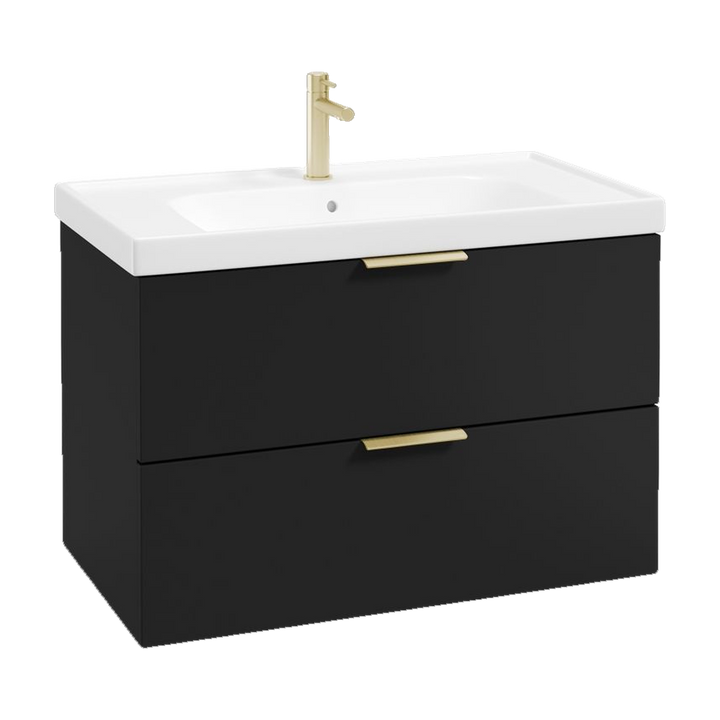 SONAS Stockholm 80cm wall hung two drawer vanity unit in Matt Black with brushed gold handles