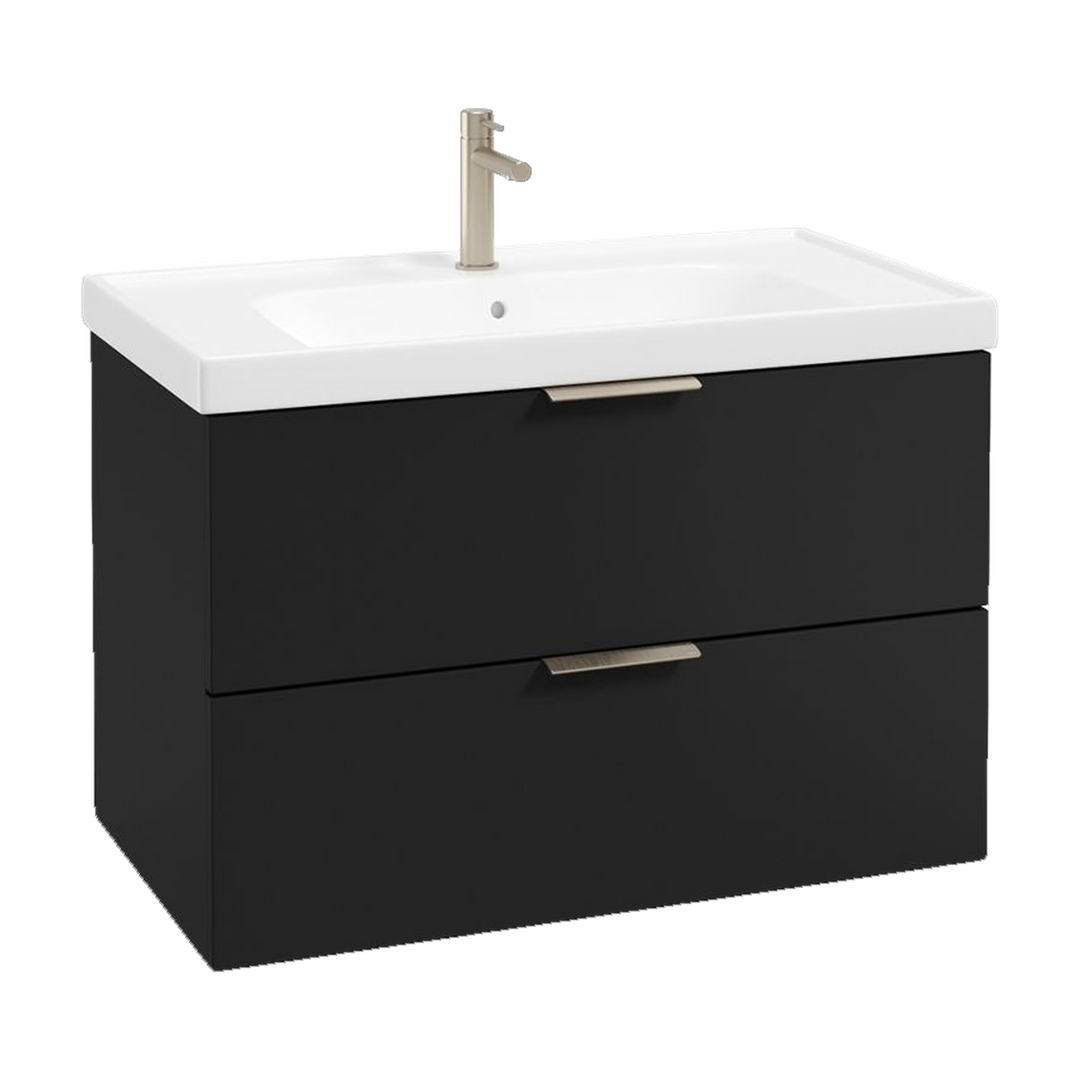 SONAS Stockholm 80cm wall hung two drawer vanity unit in Matt Black with brushed nickel handles