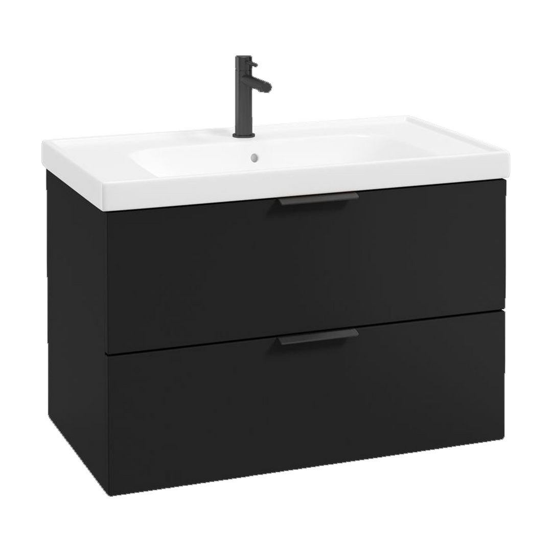 SONAS Stockholm 80cm wall hung two drawer vanity unit in Matt Black with matt black handles