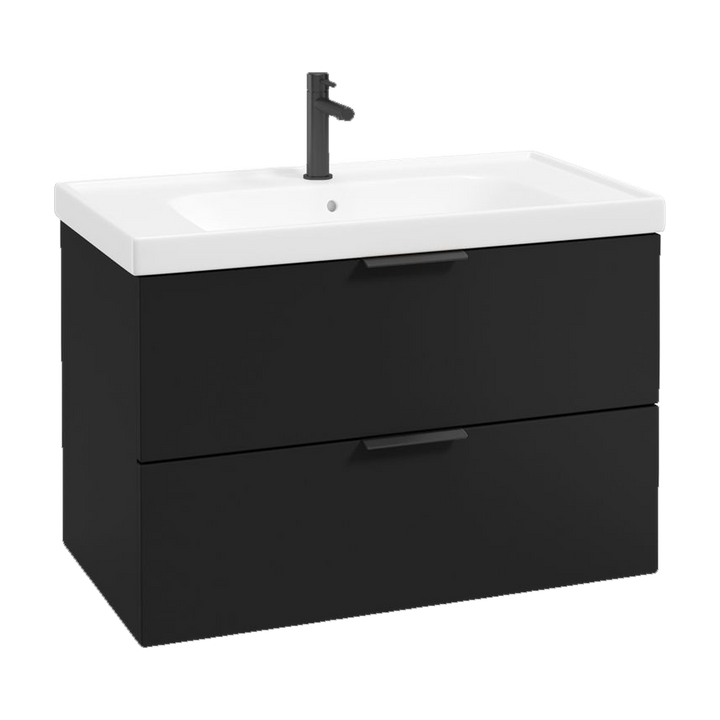 SONAS Stockholm 80cm wall hung two drawer vanity unit in Matt Black with matt black handles