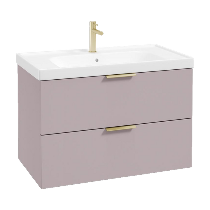 SONAS Stockholm 80cm wall hung two drawer vanity unit in Matt Cashmere Pink with brushed gold handles