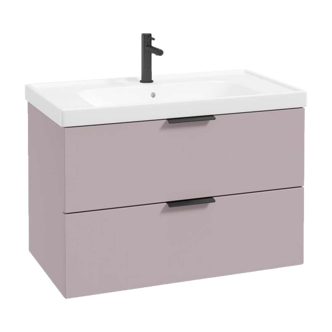SONAS Stockholm 80cm wall hung two drawer vanity unit in Matt Cashmere Pink with matt black handles