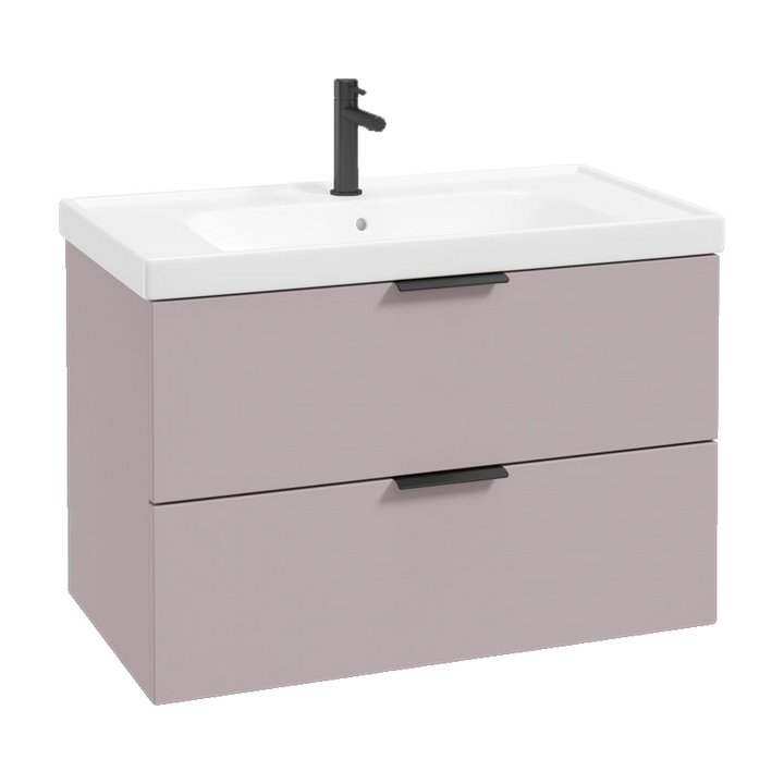 SONAS Stockholm 80cm wall hung two drawer vanity unit in Matt Cashmere Pink with matt black handles