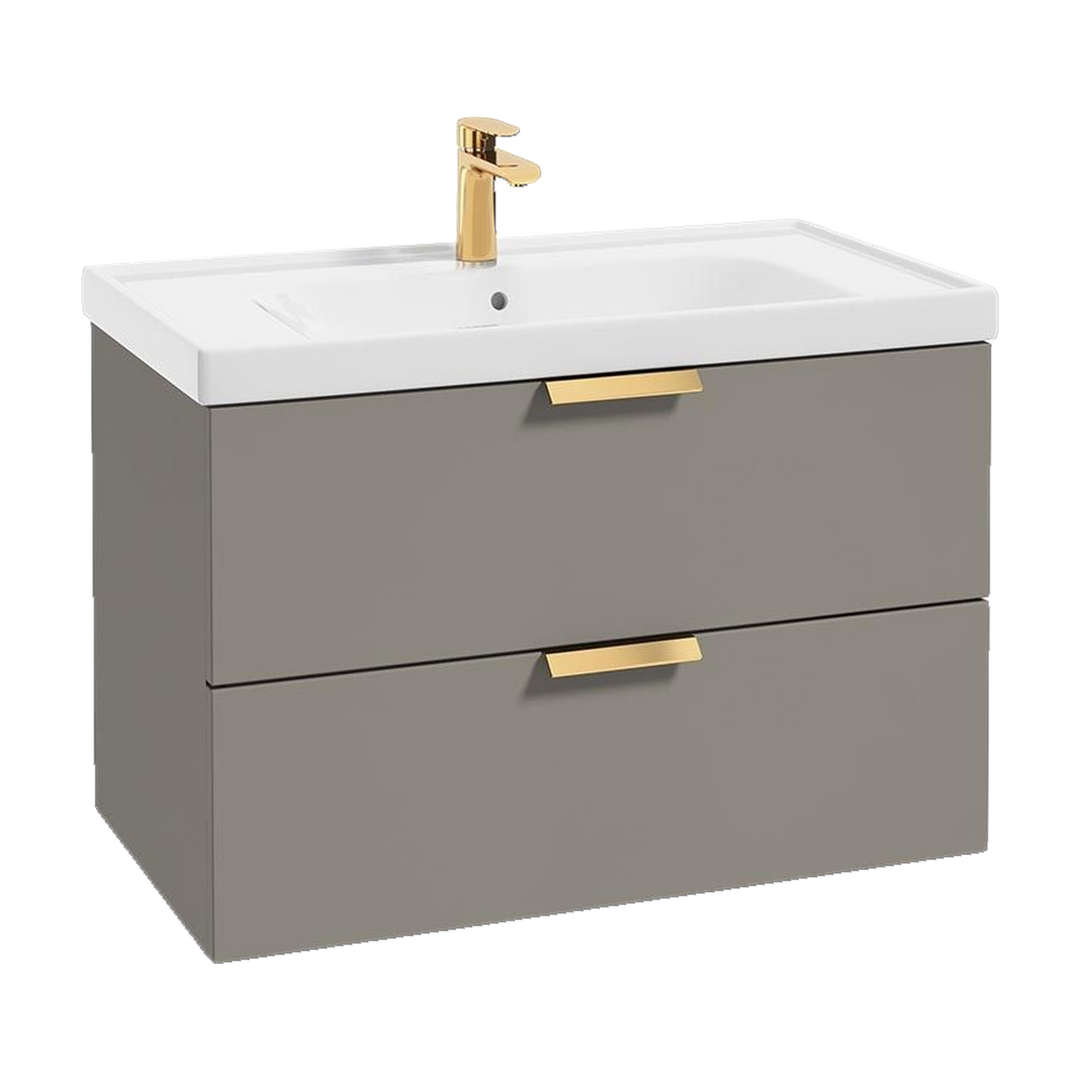 SONAS Stockholm 80cm wall hung two drawer vanity unit in Matt Khaki with brushed gold handles