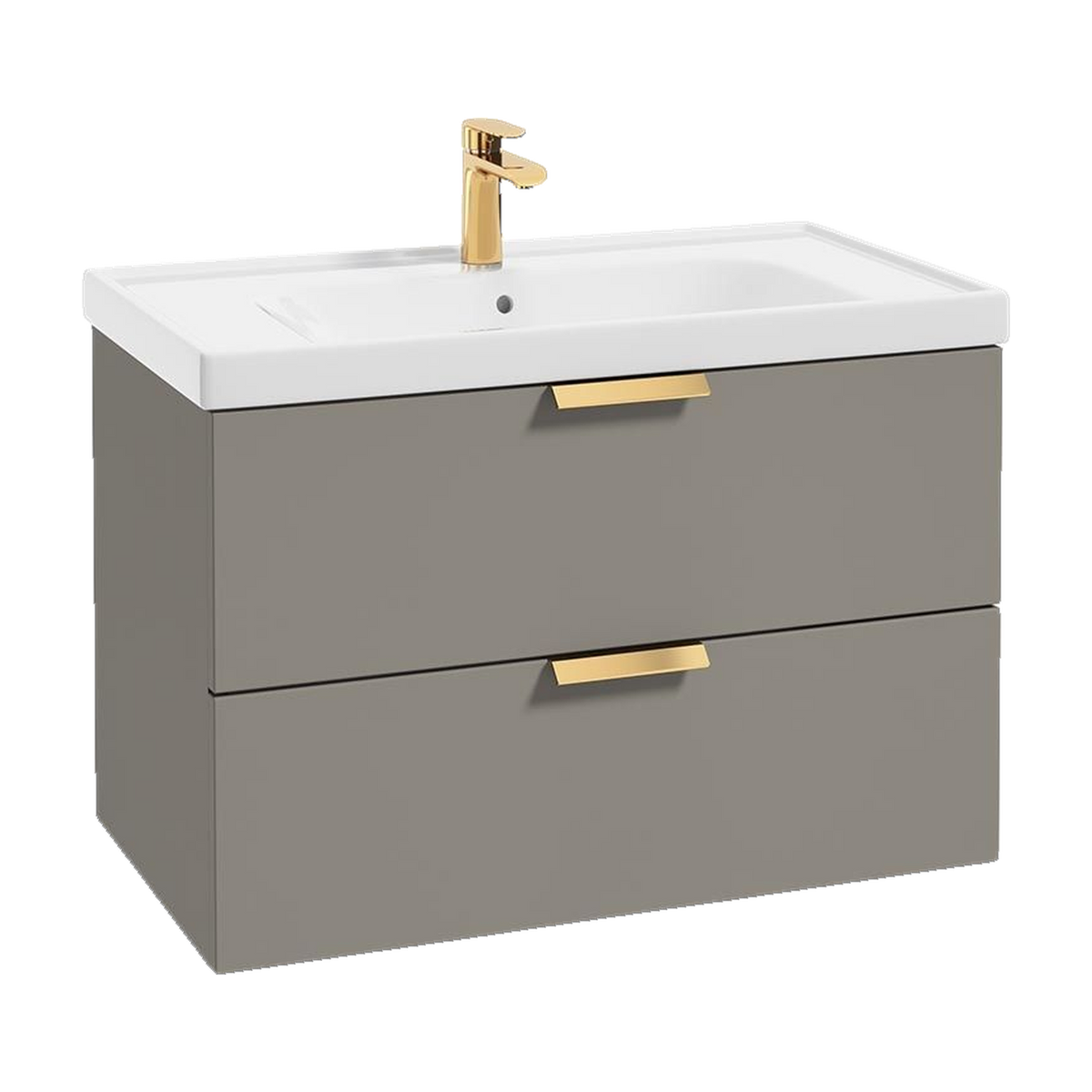 SONAS Stockholm 80cm wall hung two drawer vanity unit in Matt Khaki with brushed gold handles