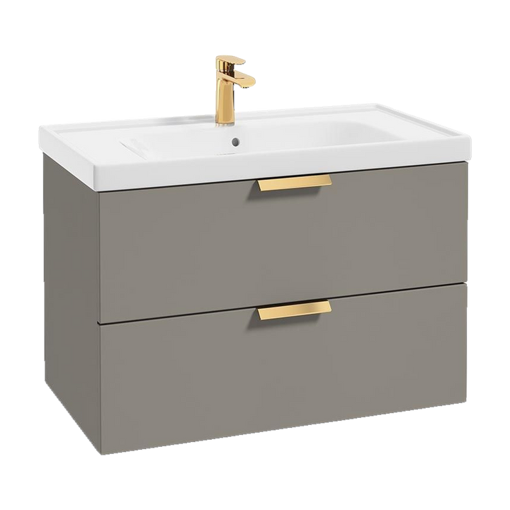 SONAS Stockholm 80cm wall hung two drawer vanity unit in Matt Khaki with brushed gold handles