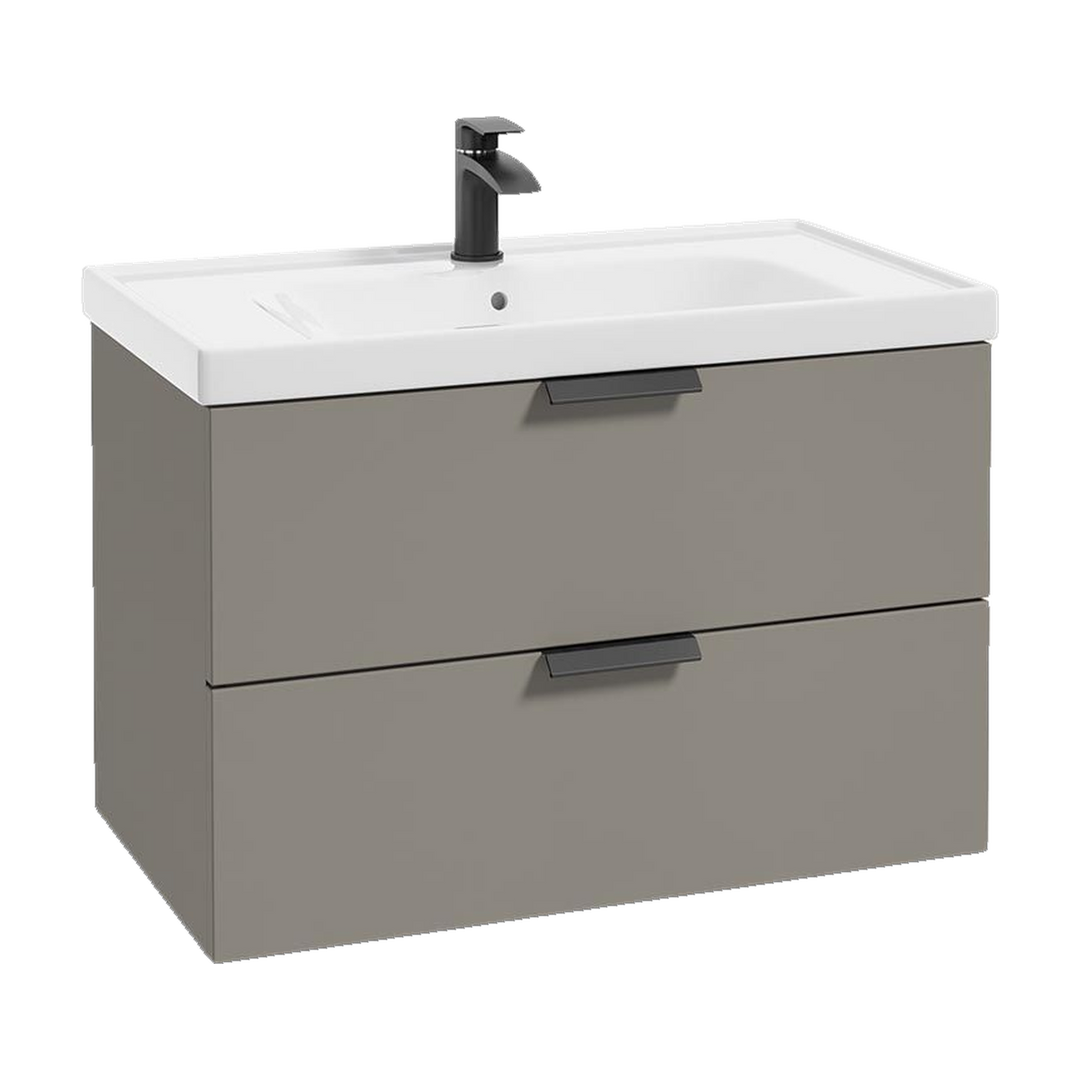SONAS Stockholm 80cm wall hung two drawer vanity unit in Matt Khaki with matt black handles
