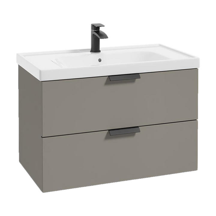 SONAS Stockholm 80cm wall hung two drawer vanity unit in Matt Khaki with matt black handles