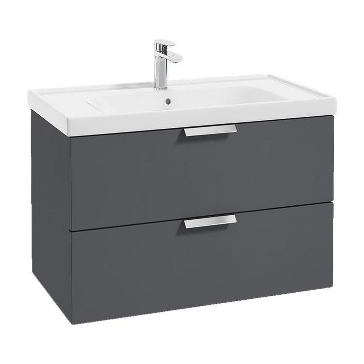 SONAS Stockholm 80cm wall hung two drawer vanity unit in Matt Midnight Grey with brushed chrome handles