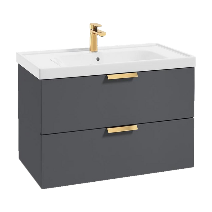 SONAS Stockholm 80cm wall hung two drawer vanity unit in Matt Midnight Grey with brushed gold handles