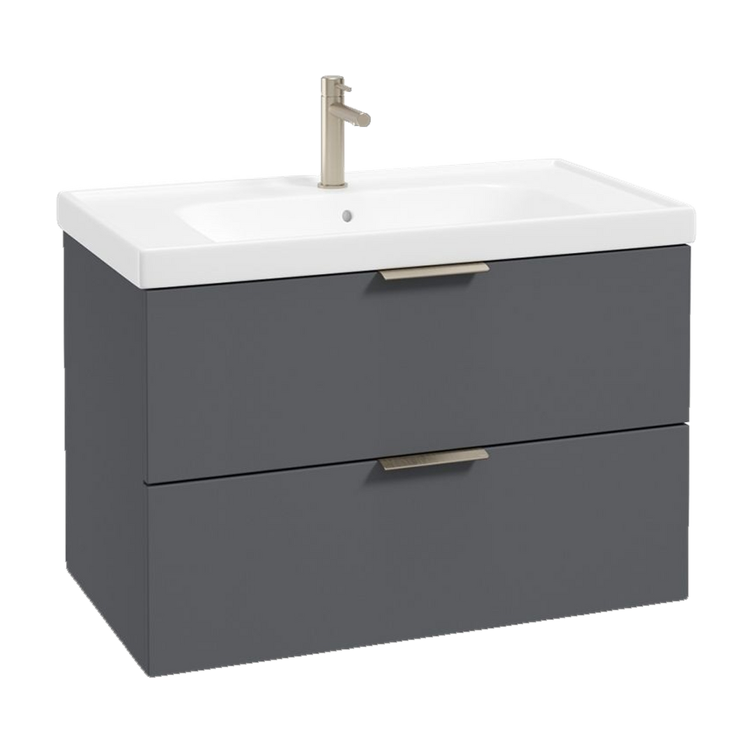 SONAS Stockholm 80cm wall hung two drawer vanity unit in Matt Midnight Grey with brushed nickel handles