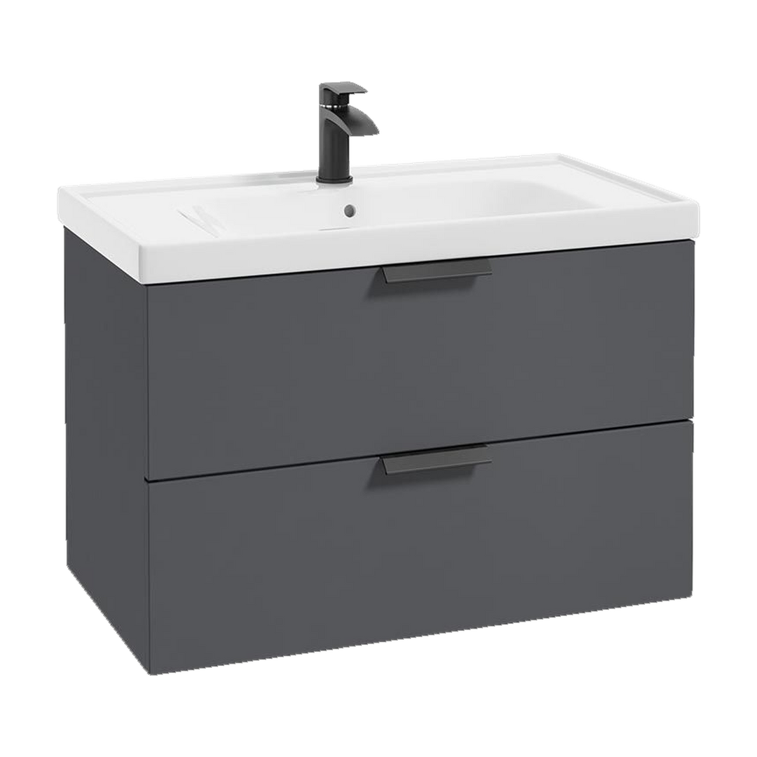 SONAS Stockholm 80cm wall hung two drawer vanity unit in Matt Midnight Grey with matt black handles
