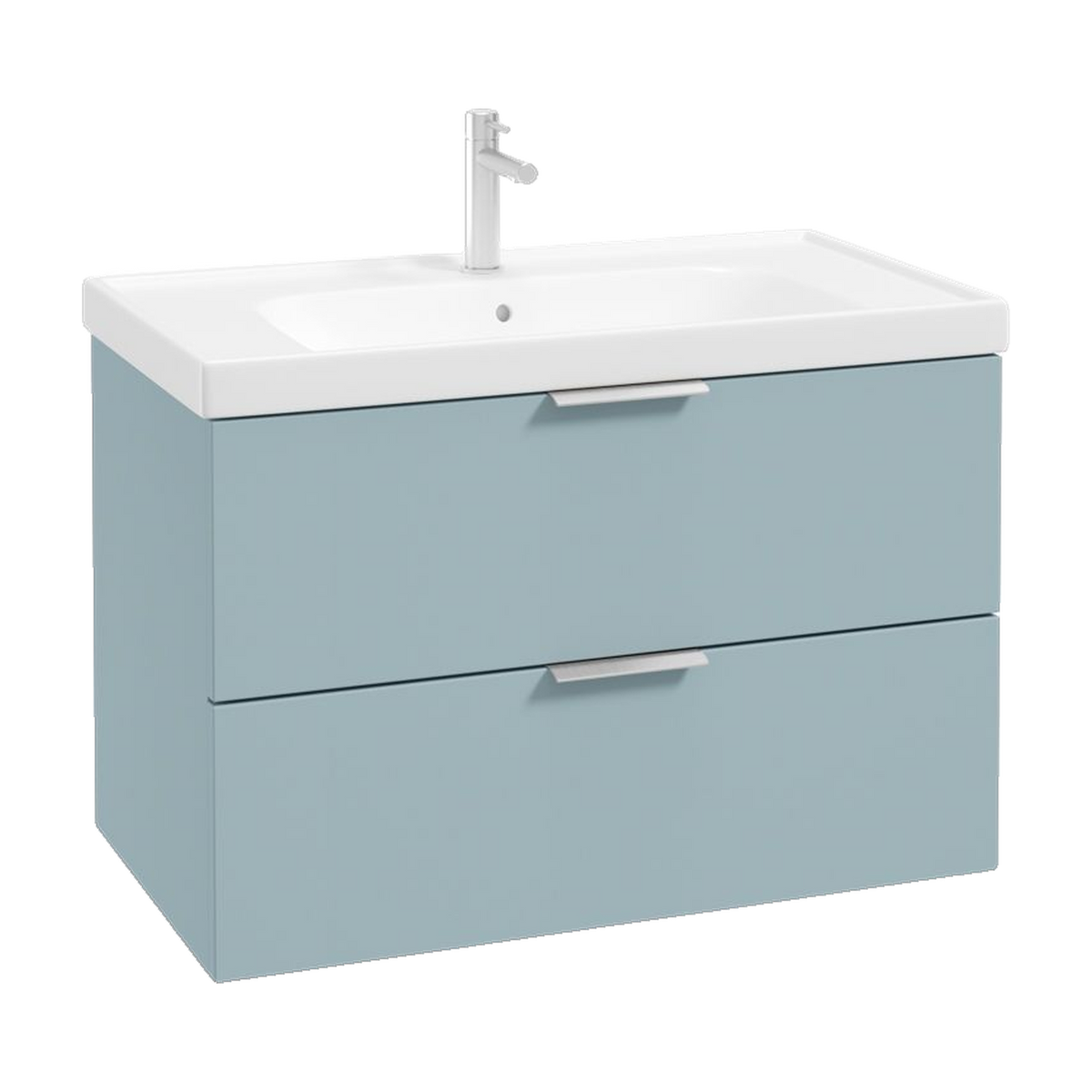 SONAS Stockholm 80cm wall hung two drawer vanity unit in Matt Morning Sky Blue with brushed chrome handles