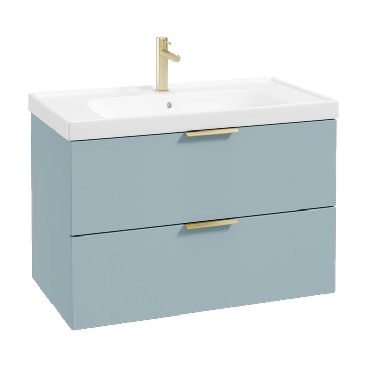 SONAS Stockholm 80cm wall hung two drawer vanity unit in Matt Morning Sky Blue with brushed gold handles