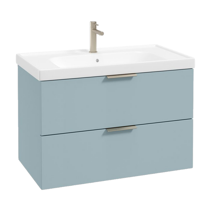 SONAS Stockholm 80cm wall hung two drawer vanity unit in Matt Morning Sky Blue with brushed nickel handles
