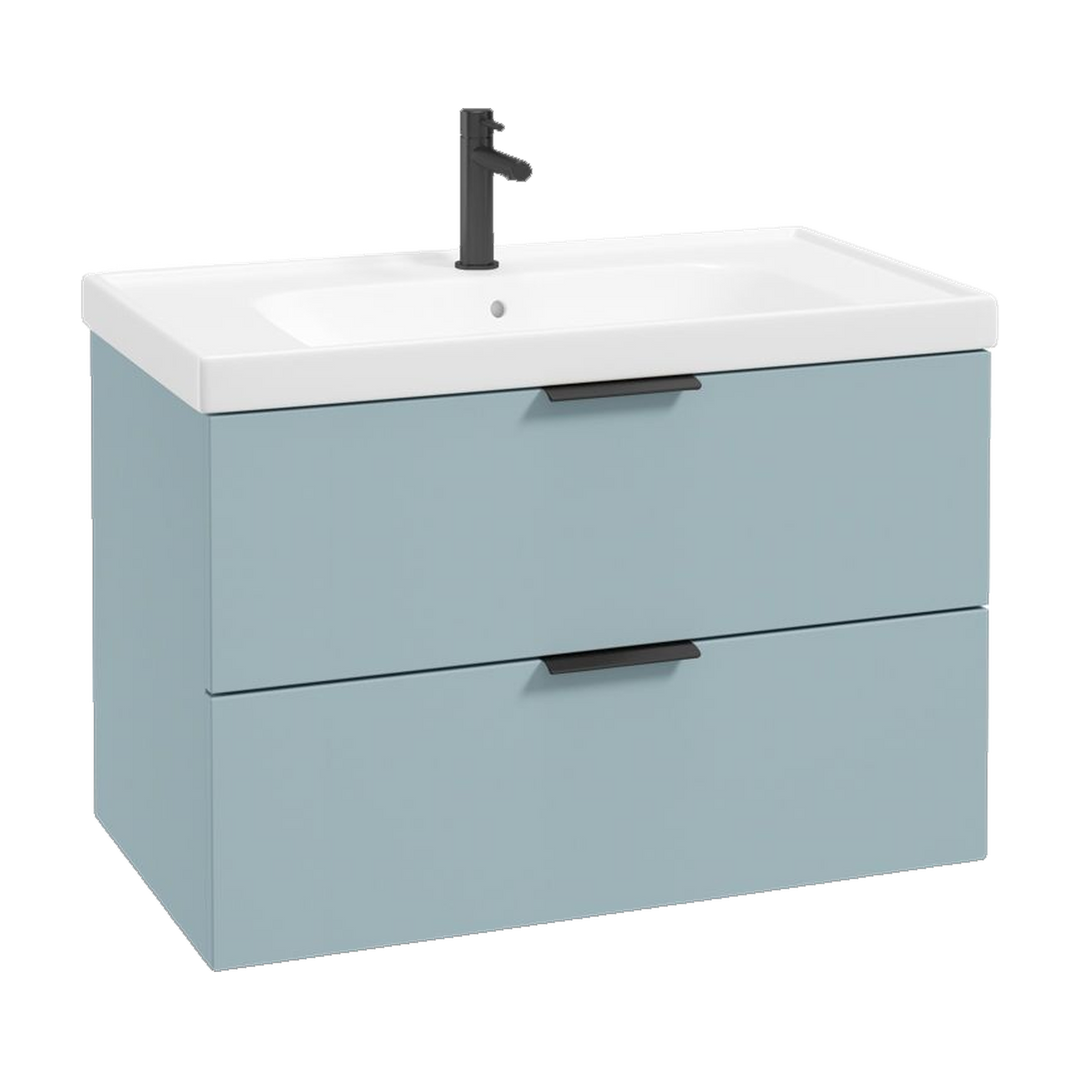 SONAS Stockholm 80cm wall hung two drawer vanity unit in Matt Morning Sky Blue with matt black handles