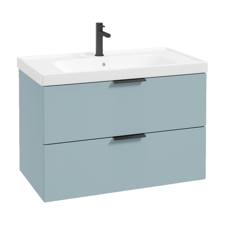 SONAS Stockholm 80cm wall hung two drawer vanity unit in Matt Morning Sky Blue with matt black handles