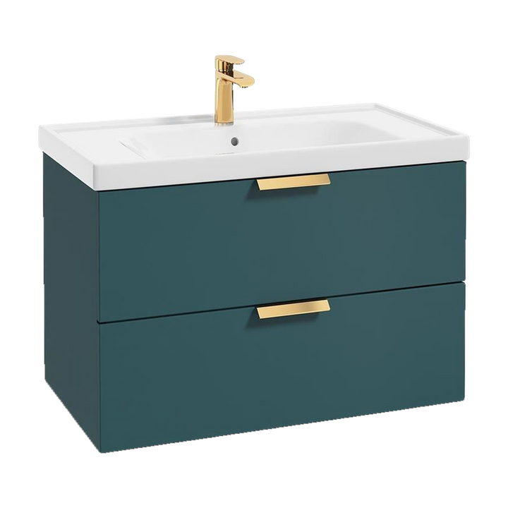 SONAS Stockholm 80cm wall hung two drawer vanity unit in Matt Ocean Blue with brushed gold handles