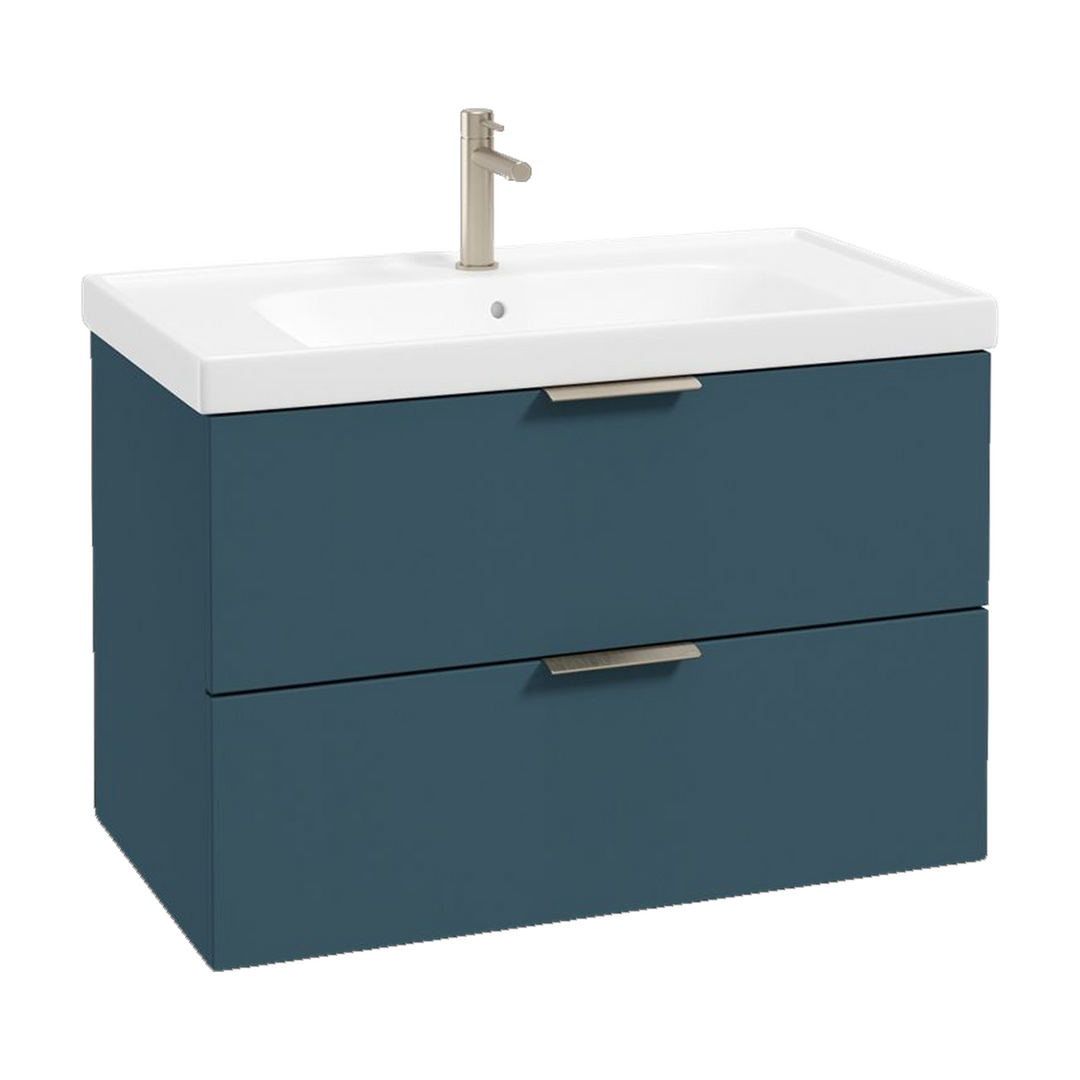 SONAS Stockholm 80cm wall hung two drawer vanity unit in Matt Ocean Blue with brushed nickel handles
