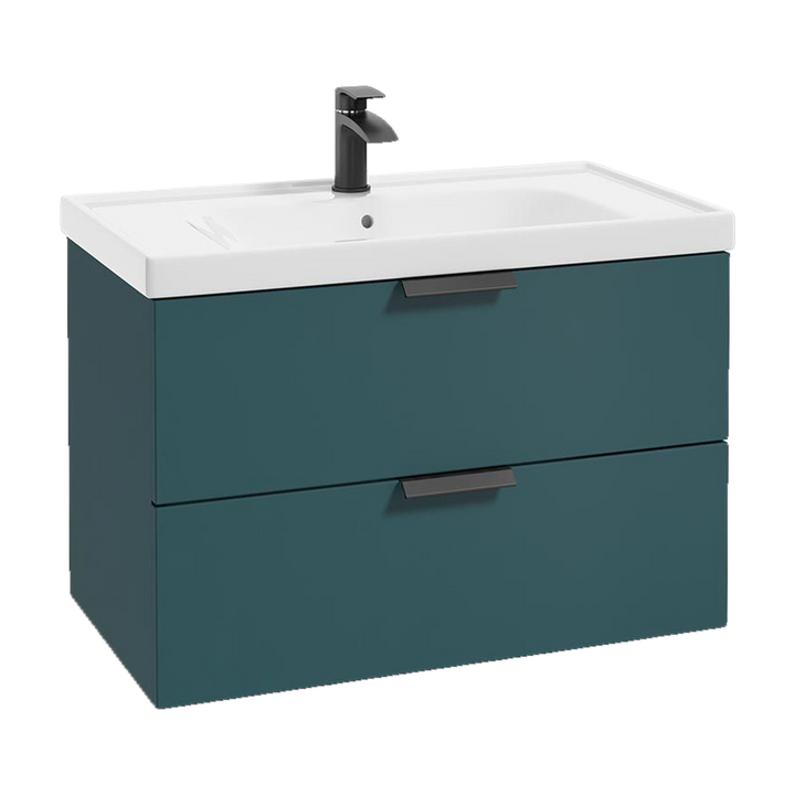 SONAS Stockholm 80cm wall hung two drawer vanity unit in Matt Ocean Blue with matt black handles