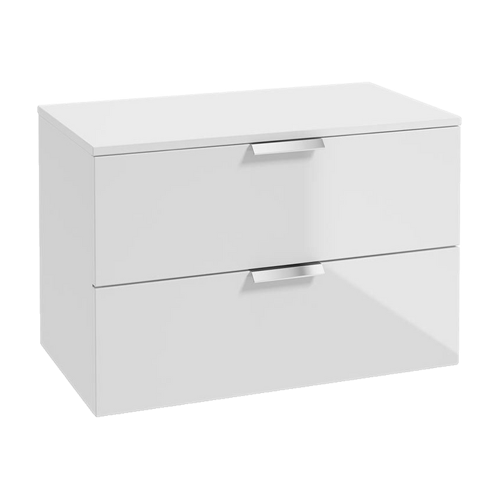 SONAS Stockholm 80cm wall hung two drawer vanity unit in Gloss White with brushed chrome handles