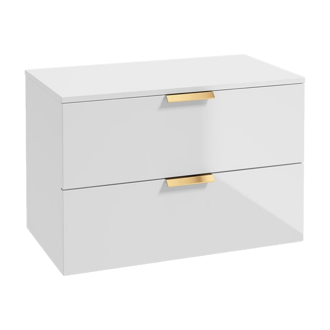 SONAS Stockholm 80cm wall hung two drawer vanity unit in Gloss White with brushed gold handles