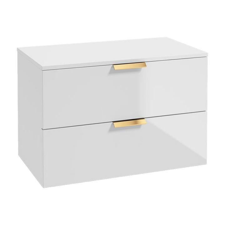 SONAS Stockholm 80cm wall hung two drawer vanity unit in Gloss White with brushed gold handles