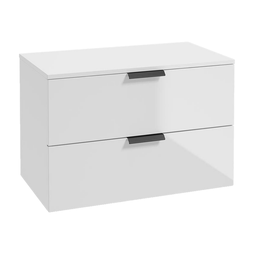 SONAS Stockholm 80cm wall hung two drawer vanity unit in Gloss White with matt black handles