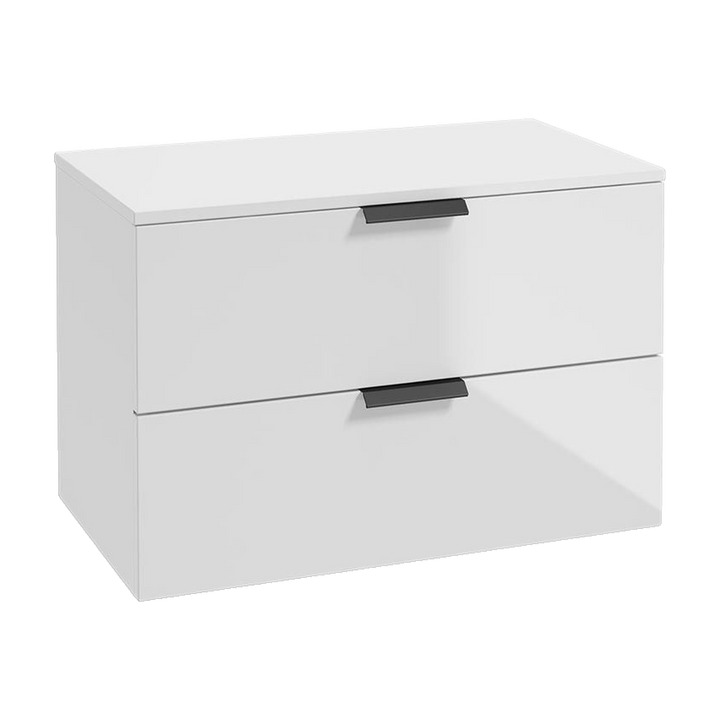 SONAS Stockholm 80cm wall hung two drawer vanity unit in Gloss White with matt black handles