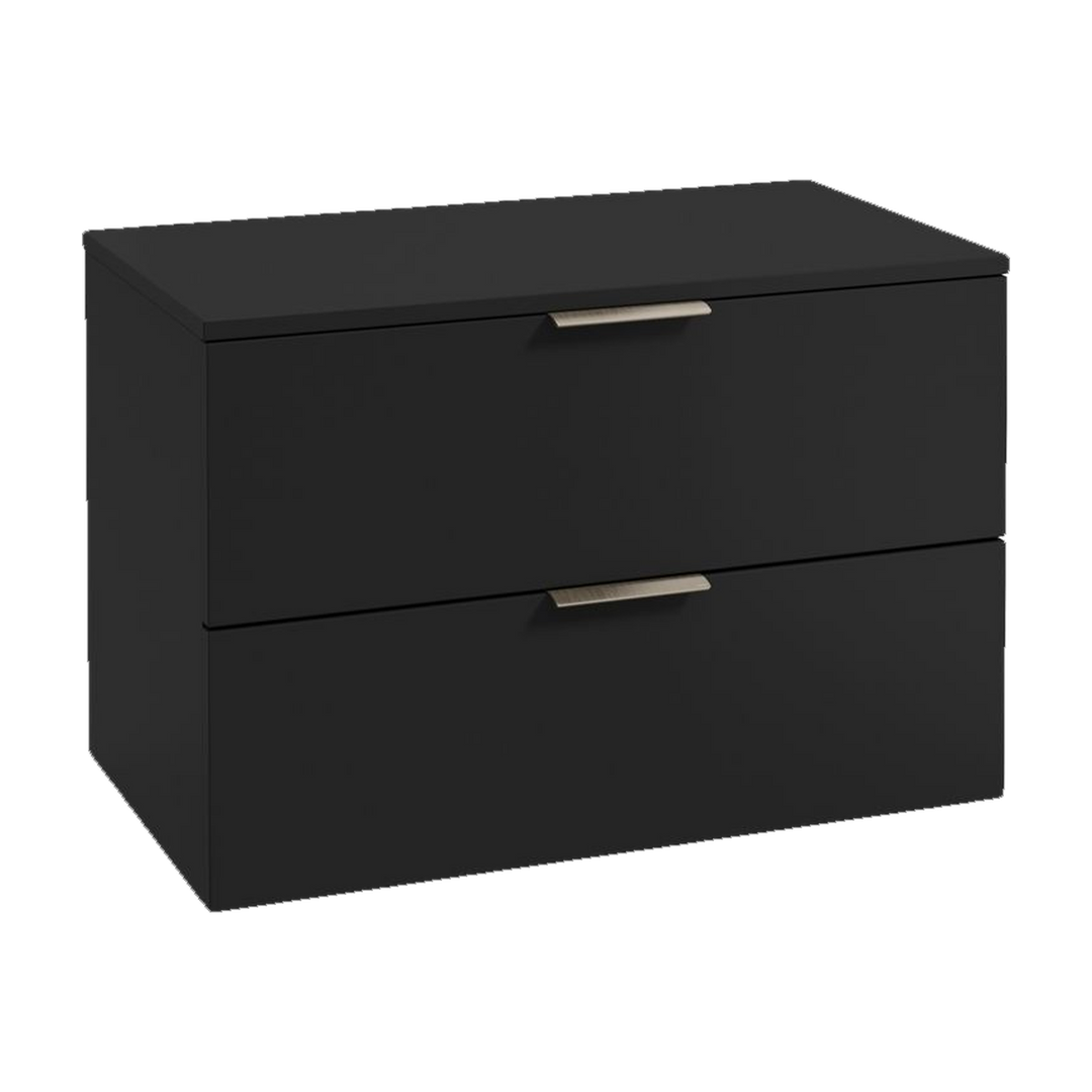 SONAS Stockholm 80cm wall hung two drawer vanity unit in Matt Black with brushed chrome handles