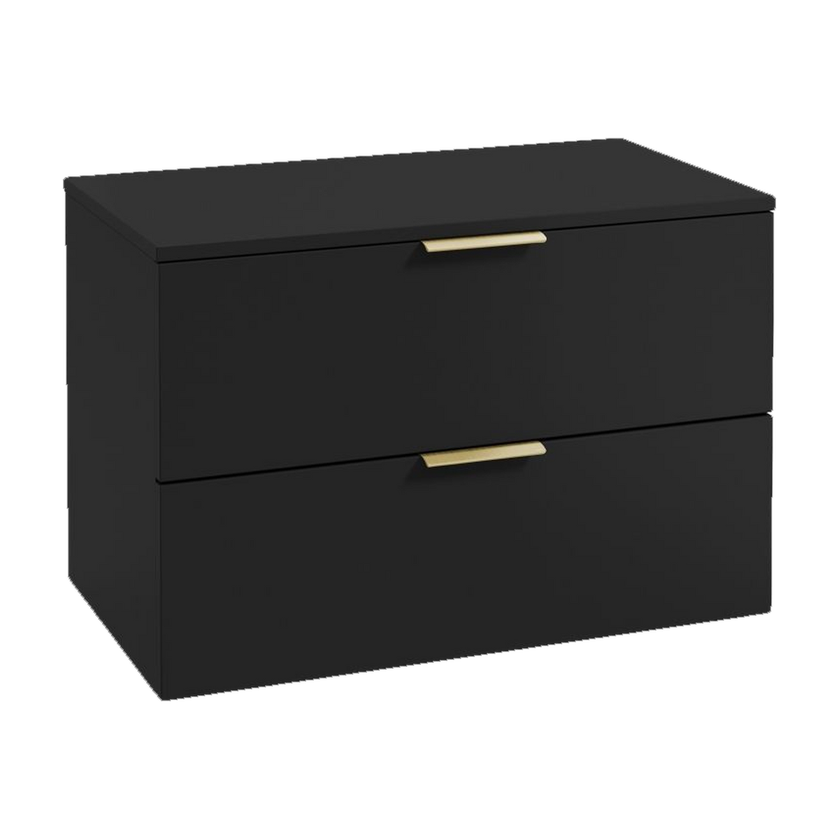 SONAS Stockholm 80cm wall hung two drawer vanity unit in Matt Black with brushed gold handles