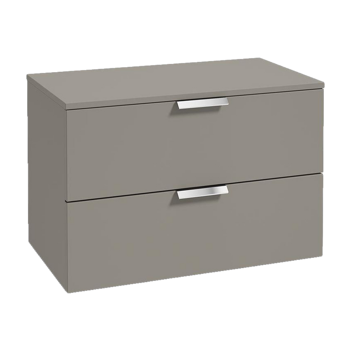 SONAS Stockholm 80cm wall hung two drawer vanity unit in Matt Khaki with brushed chrome handles