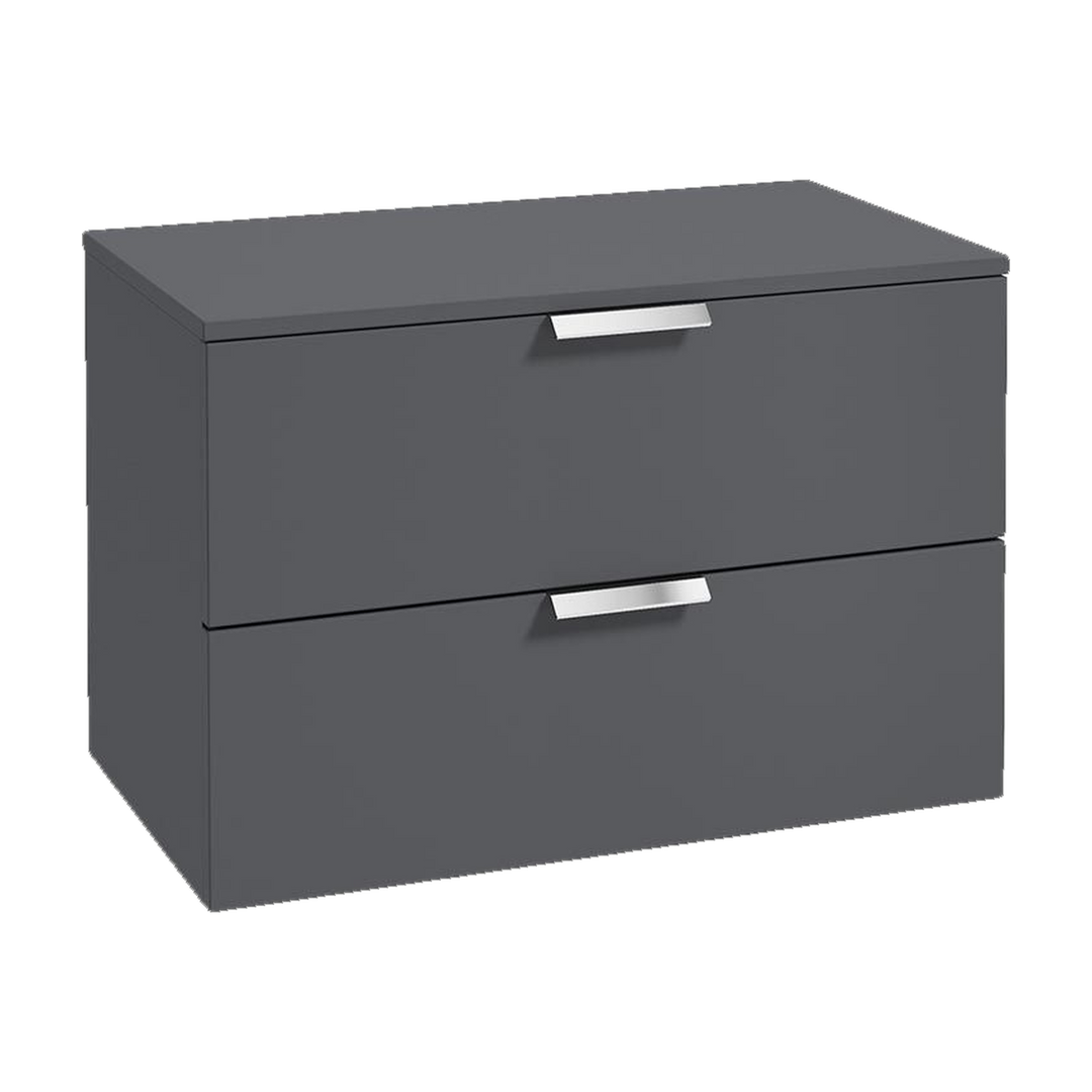 SONAS Stockholm 80cm wall hung two drawer vanity unit in Matt Midnight Grey with brushed chrome handles