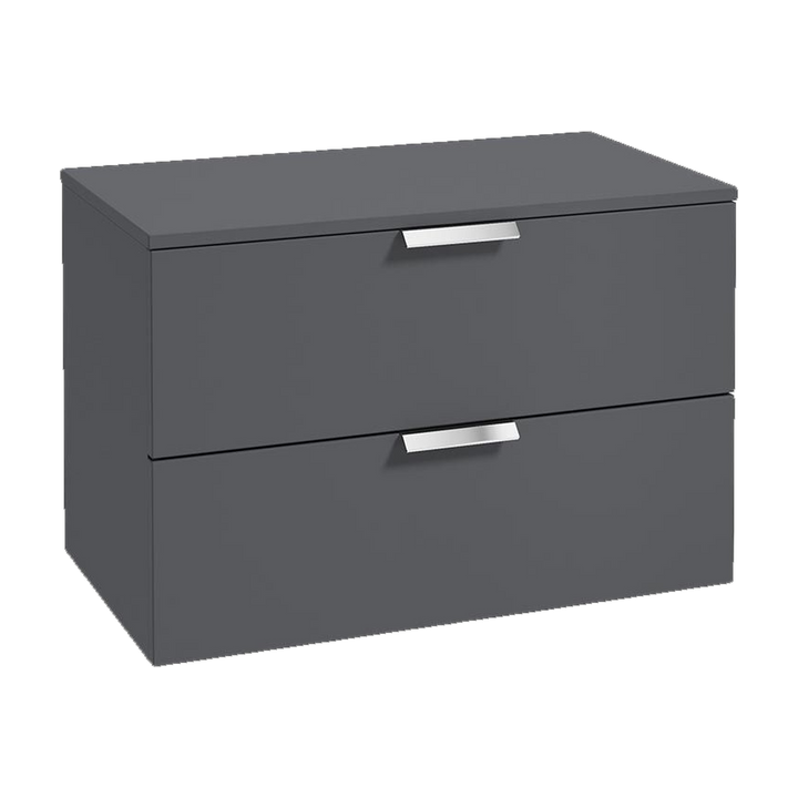 SONAS Stockholm 80cm wall hung two drawer vanity unit in Matt Midnight Grey with brushed chrome handles