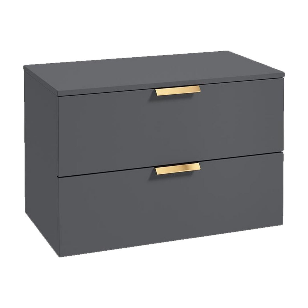 SONAS Stockholm 80cm wall hung two drawer vanity unit in Matt Midnight Grey with brushed gold handles