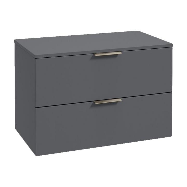 SONAS Stockholm 80cm wall hung two drawer vanity unit in Matt Midnight Grey with brushed nickel handles
