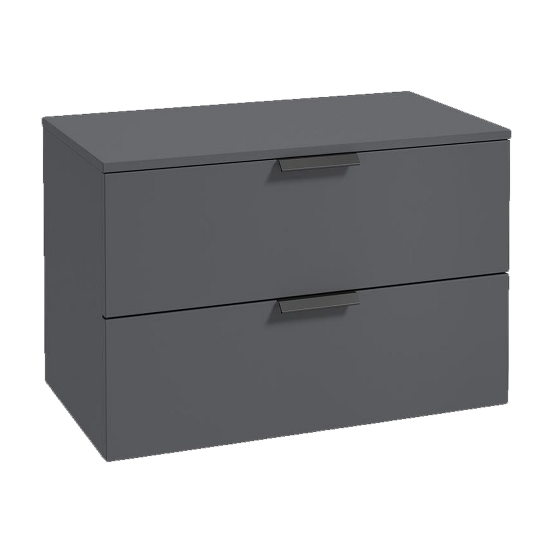 SONAS Stockholm 80cm wall hung two drawer vanity unit in Matt Midnight Grey with matt black handles