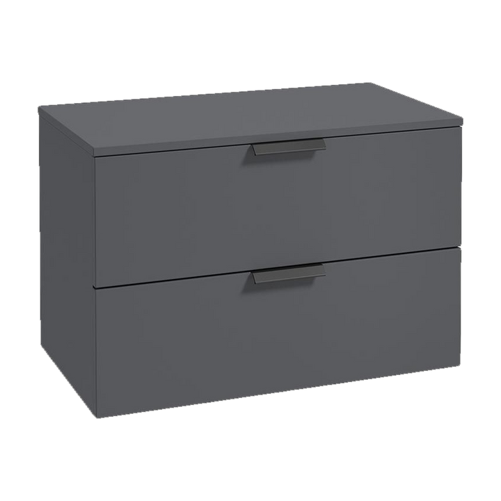 SONAS Stockholm 80cm wall hung two drawer vanity unit in Matt Midnight Grey with matt black handles